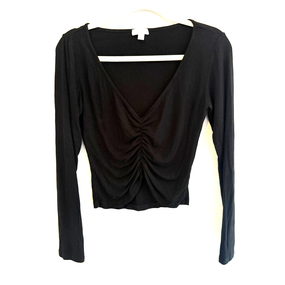 Orange Kiss Black Long Sleeve Ruched Cropped Knit Top Whimsigoth Festival Small